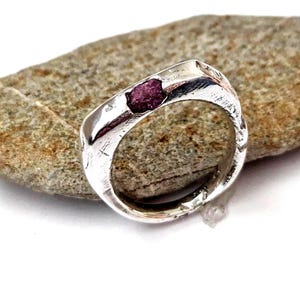 Raw Ruby Sandcast Silver Signet Ring: Brutalist Textured Band, US size 10