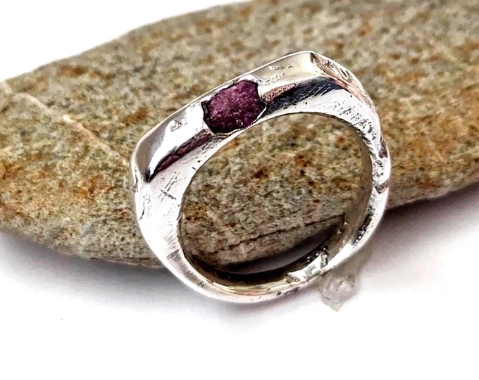 Raw Ruby Sandcast Silver Signet Ring: Brutalist Textured Band, US size 10