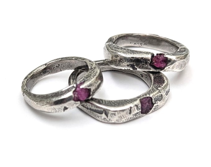 unisex silver ring; sandcast raw ruby signet, metalsmith, handcrafted, made to order