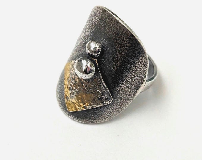 Blackened Sterling Silver Shield Ring: Brutalist Gothic Style, Size M