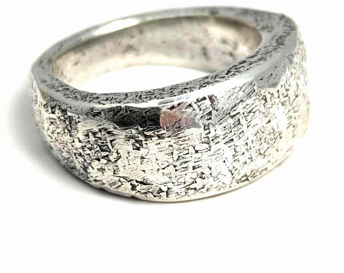 Chunky Sandcast Sterling Silver Ring: Hammered Rustic Band, Size 7
