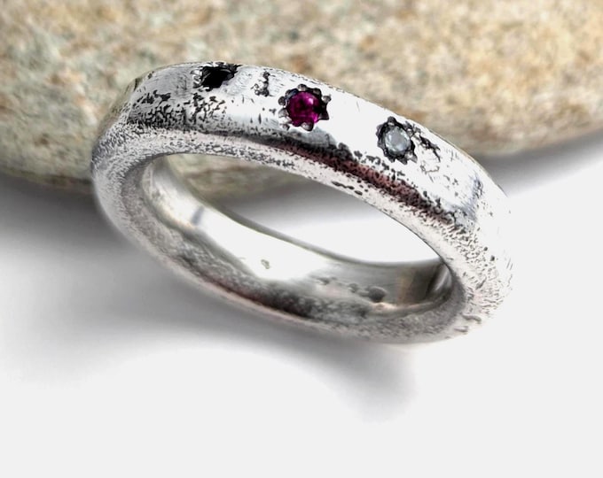 Sandcast Silver Domed Ring: Sapphire, Ruby, Tourmaline - Unisex Style, US Size 9