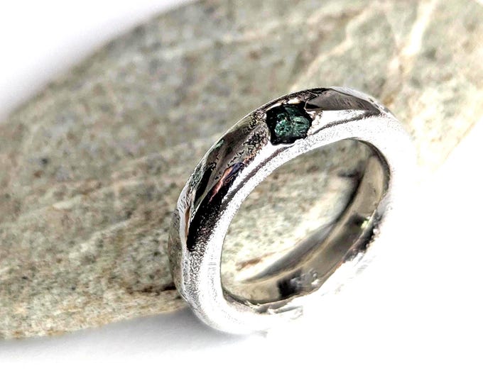 Sandcast Sterling Silver Emerald Ring, Domed Unisex Band, US Size 8.75