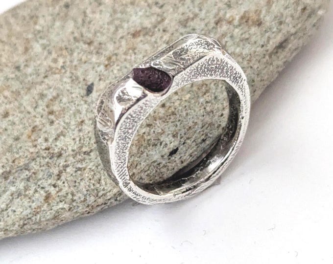 raw ruby ring, sancast signet ring, wedding band, engagement ring, unisex style, rustic organic ring, molten metal, size M 1/2