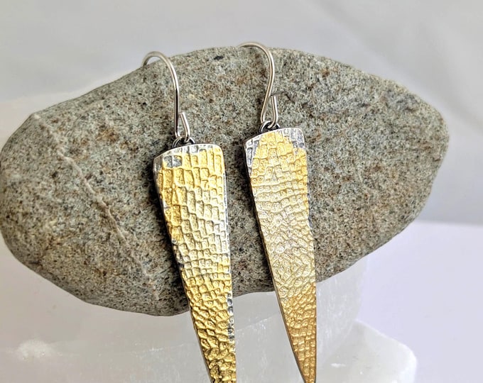 Long tapered earrings, silver and gold leaf