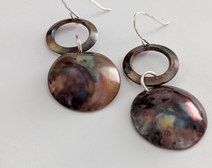 Flame painted dangle earrings; copper domes, sterling silver hooks