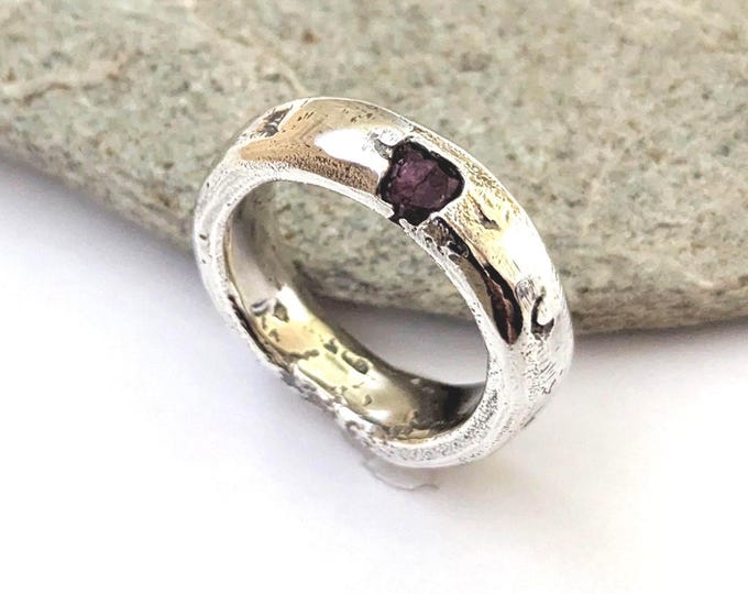 Raw Ruby Sterling Silver Ring: Sandcast Domed Band, Unisex, US Size 6.5
