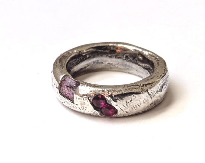 Sandcast Sterling Silver Ruby Ring: Unisex Domed Band, Size AU L