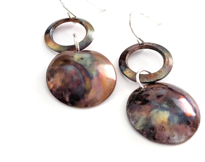 Flame painted dangle earrings; copper domes, sterling silver hooks