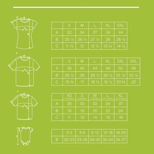May include: A chart showing different sizes for t-shirts and onesies in inches. The chart includes measurements for the width, length, and sleeve length of the garments. The chart also includes size ranges for children's clothing.