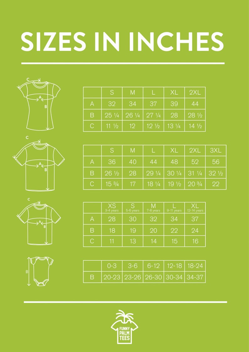 May include: A chart showing different sizes for t-shirts and onesies in inches. The chart includes measurements for the width, length, and sleeve length of the garments. The chart also includes size ranges for children's clothing.