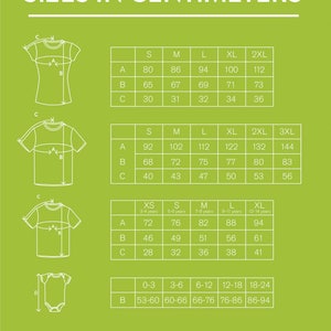 May include: A chart showing different sizes for t-shirts and onesies in centimeters. The chart includes measurements for the chest, length, and sleeve length. The chart also includes age ranges for the different sizes.