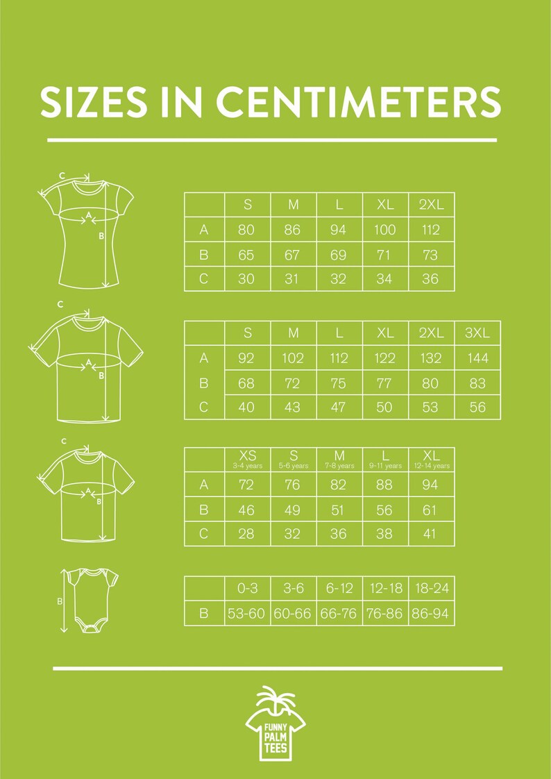 May include: A chart showing different sizes for t-shirts and onesies in centimeters. The chart includes measurements for the chest, length, and sleeve length. The chart also includes age ranges for the different sizes.