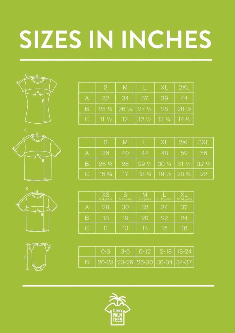 May include: A chart showing different sizes for t-shirts and onesies in inches. The chart includes measurements for the width, length, and sleeve length of the garments. The chart also includes size ranges for children's clothing.