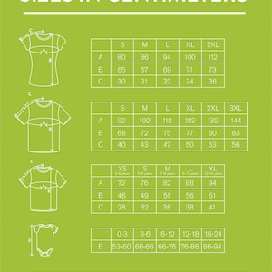 May include: A chart showing different sizes for t-shirts and onesies in centimetres. The chart includes measurements for the chest, length, and sleeve length. The chart also includes age ranges for the different sizes.