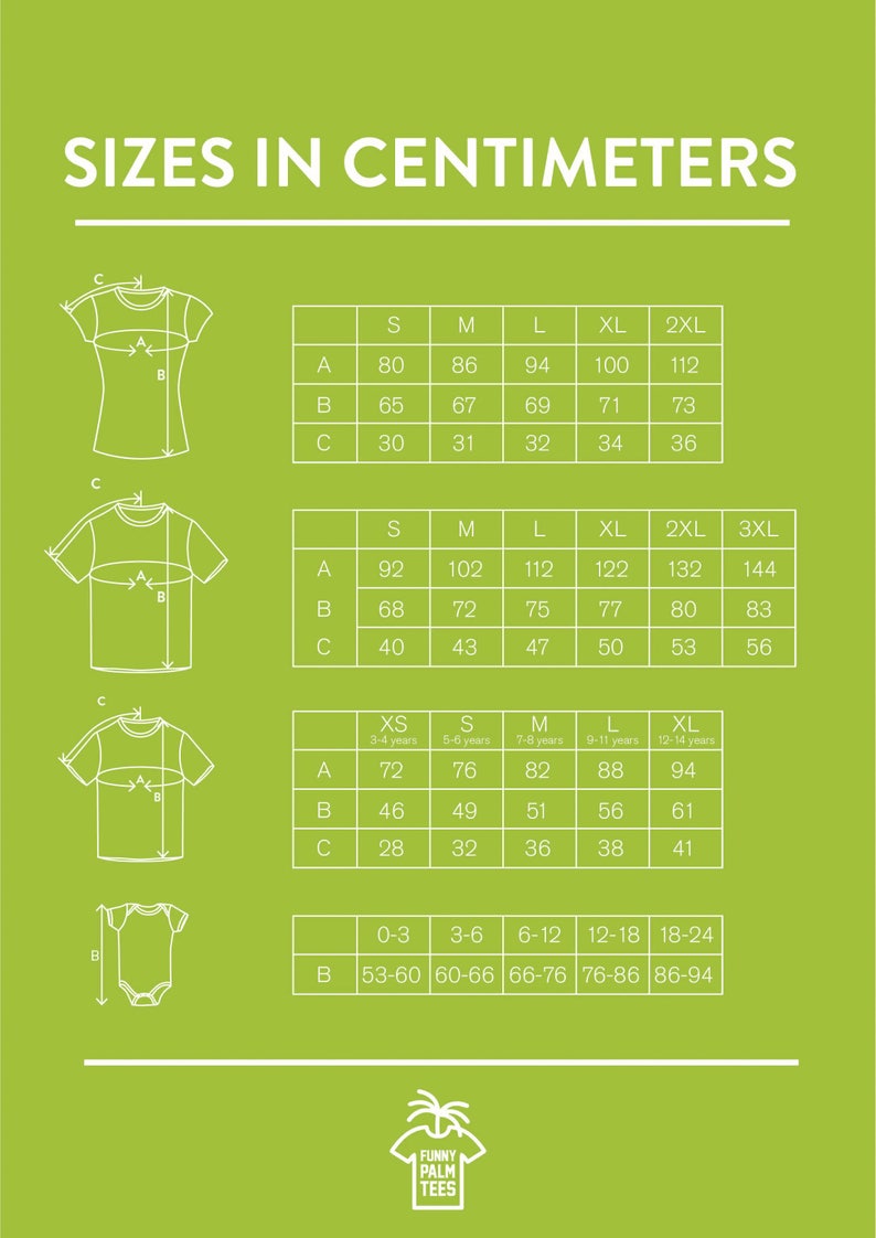 May include: A chart showing different sizes for t-shirts and onesies in centimetres. The chart includes measurements for the chest, length, and sleeve length. The chart also includes age ranges for the different sizes.