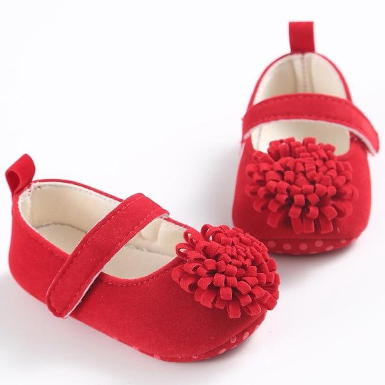 Baby Girl Shoes, Baby Girl Crib Shoes, Mary Jane Pom Pom Flower Crib