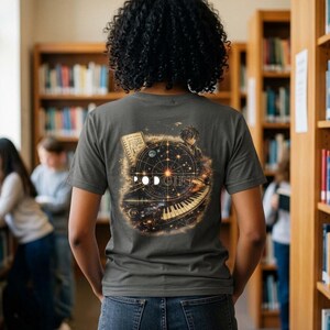 May include: Dark gray t-shirt with a graphic design on the back featuring a celestial theme with a piano keyboard, a person, and the text "POD GIFTS". The design incorporates stars and musical elements.