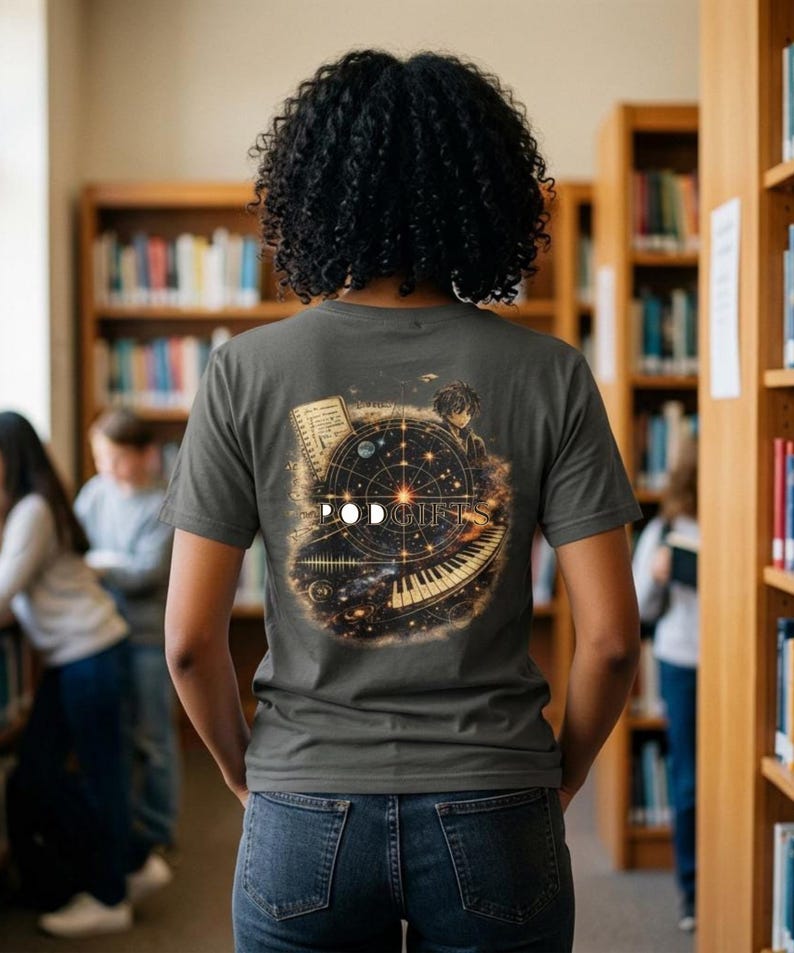 May include: Dark gray t-shirt with a graphic design on the back featuring a celestial theme with a piano keyboard, a person, and the text "POD GIFTS". The design incorporates stars and musical elements.