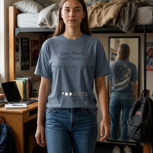 May include: A blue t-shirt with the text "Quiet Minds. Loud Futures." and the words "CREATE - LEARN - IMAGINE" printed on the front. The back of the shirt has a piano keys design. The shirt is paired with blue jeans.