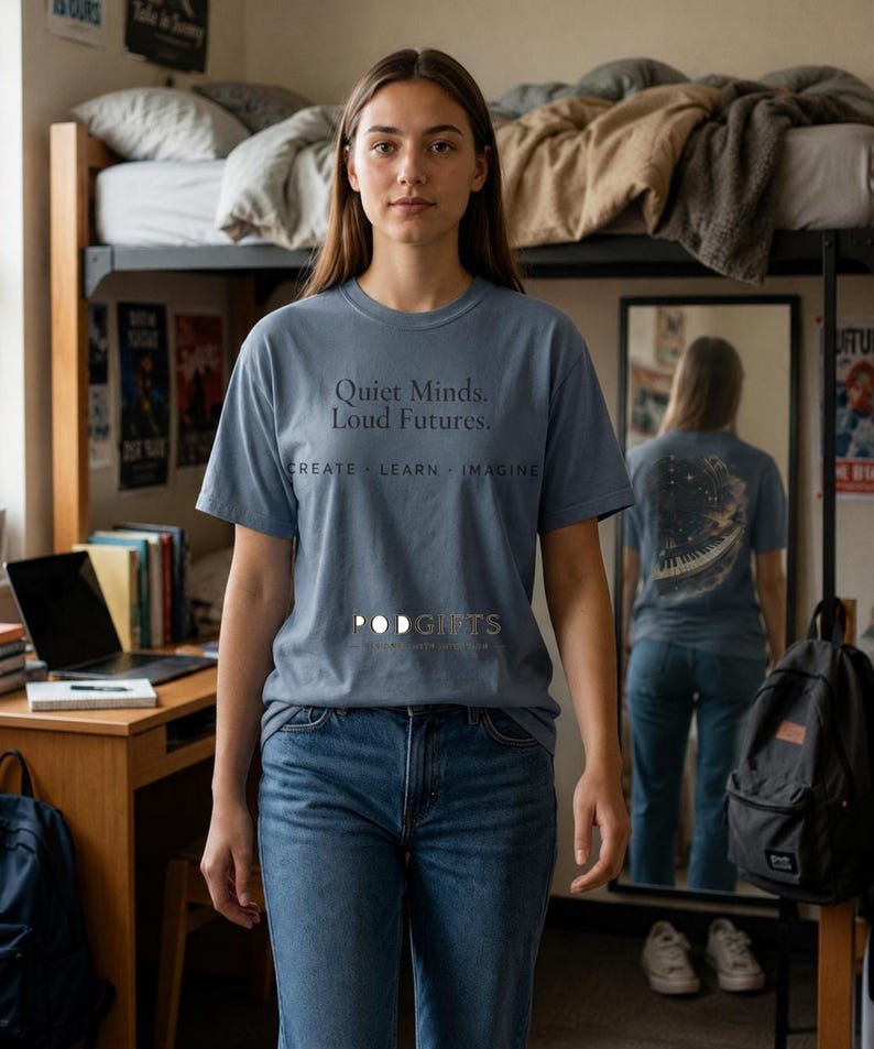 May include: A blue t-shirt with the text "Quiet Minds. Loud Futures." and the words "CREATE - LEARN - IMAGINE" printed on the front. The back of the shirt has a piano keys design. The shirt is paired with blue jeans.
