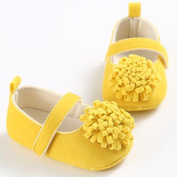 Baby Girl Shoes, Baby Girl Crib Shoes, Mary Jane Pom Pom Flower Crib Shoes - Soft Sole Shoes - Local Pick Up Available!