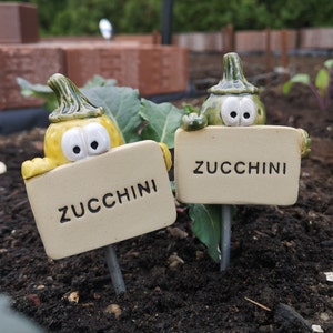 Könnte beinhalten: Zwei skurrile Gartenstecker aus Keramik für Zucchini. Einer ist gelb, der andere grün, jeder mit großen Augen und einem beigen Schild mit der Aufschrift "ZUCCHINI" in schwarzen Buchstaben. Die Stecker stecken in dunkler Erde, mit einem verschwommenen Gartenhintergrund.