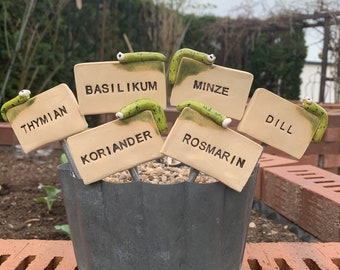 Herb marker with caterpillar, vegetable marker, garden marker, ceramic plant sign, herbs, garden marker