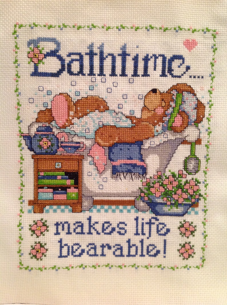 Cross Stitch Finished, Bear, Bathtime, Bathroom image 1