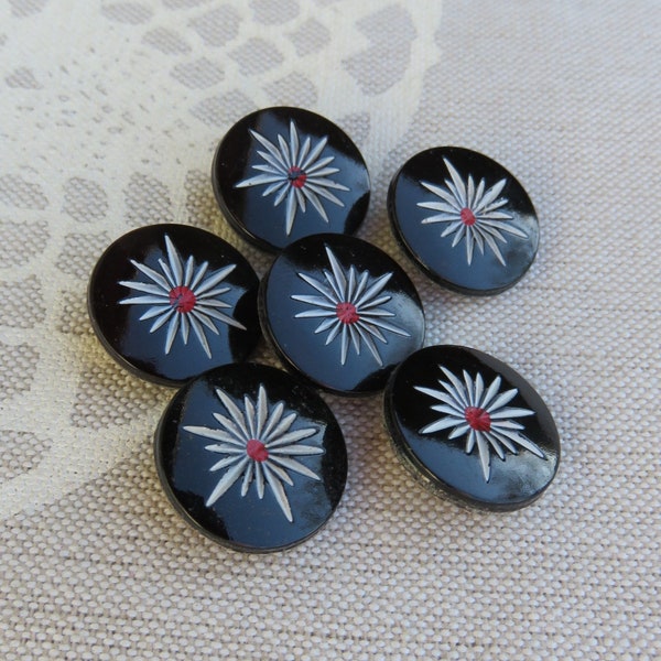 Star flowers black vintage glass buttons 18 mm with white flower old collector buttons Neugablonz unused stock item