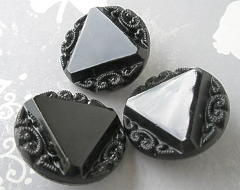 noble vintage glass buttons 23 mm triangular motif delicate Art Nouveau pattern unused stock item Neugablonz