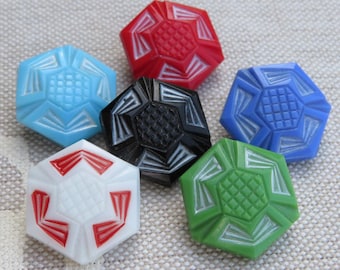 Hexagonal vintage glass knobs, 18 mm, geometric pattern, colored, 1950s
