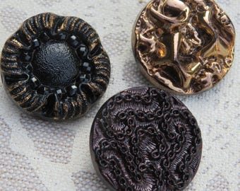 Large patterned vintage glass buttons, 22 mm, old collector's buttons, mountains, flower, labyrinth, Neugablonz, Germany, unused stock.