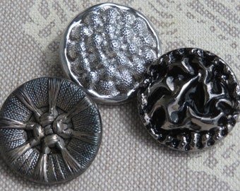 grands boutons en verre vintage noir - argent 22 mm vieux boutons de collection Neugablonz Allemagne article de stock inutilisé