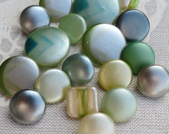 18 vintage waxed glass knobs, collector's items, 13.5 mm - 21 mm, silky smooth surfaces in grey, green, and petrol colors, some with geometric designs