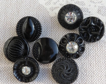Botones de cristal negro de 13,5 mm, elegantes botones de los años 60, parcialmente con pedrería, antiguos botones de colección Neugablonz