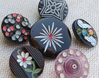 Floral glass buttons, traditional costumes, 18 mm - 13.5 mm, vintage collector's buttons, 1960s, rare motif buttons, Neugablonz, unused stock, Germany, NOS