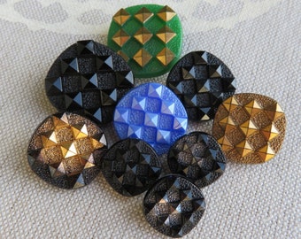 square blue-black green vintage glass buttons 22 mm - 13.5 mm unused stock item Neugablonz