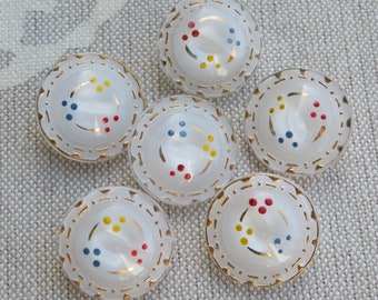 white moonglow glass buttons approx. 18 mm with colorful accents collector's buttons unused stock Neugablonz / Kaufbeuren