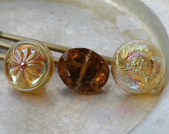 Set of 3 honey yellow vintage glass buttons in hair (13) hairpin clip hair clip