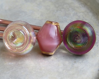 exquisite pink set of 3 vintage glass buttons in hair (16) various patterns hairpins individual hair accessories handmade