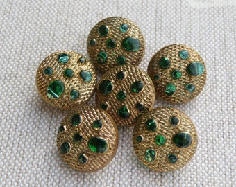 Gold-colored coated glass buttons 13.5 mm with bright green glass dots elegant 60s old collector's buttons Neugablonz