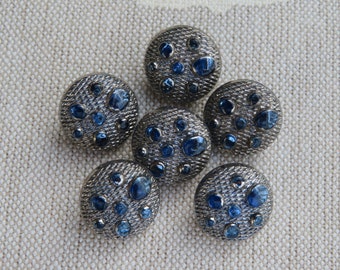 Silver coated glass buttons 13.5 mm with bright blue glass dots elegant 60s old collector's buttons Neugablonz