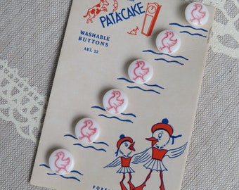 Cartes en carton avec canards roses boutons en verre blanc 11 mm vintage années 60 article de stock inutilisé