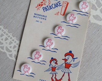 Cardboard cards with pink ducks, white glass buttons 11 mm, vintage 1960s, unused stock.