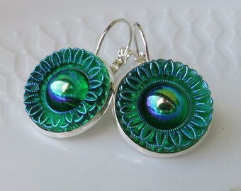 50s mystical green steamed earrings vintage glass buttons glass cabochon