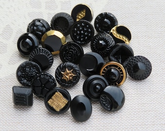Mini botones de cristal vintage negros y dorados, juego de 22 unidades, de 9 mm a 12 mm, botones de coleccionista vintage Neugablonz, stock nuevo.