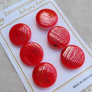 Botones de cristal rojo claro de 21 mm con decoración dorada sobre cartón original vintage años 60