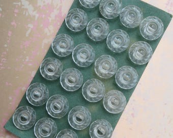 Tarjeta con 24 botones de cristal transparente de 13,5 mm, diseño sencillo, estilo vintage de la década de 1940, sin usar.