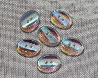 6 / 7 boutons ovales irisés facettés vintage en verre deux trous boutons collector années 60 Neugablonz
